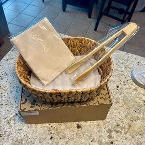 Meryotsa Bread Warmer Basket with Stone, Towel & Tongs. Rattan Wicker. NWT!